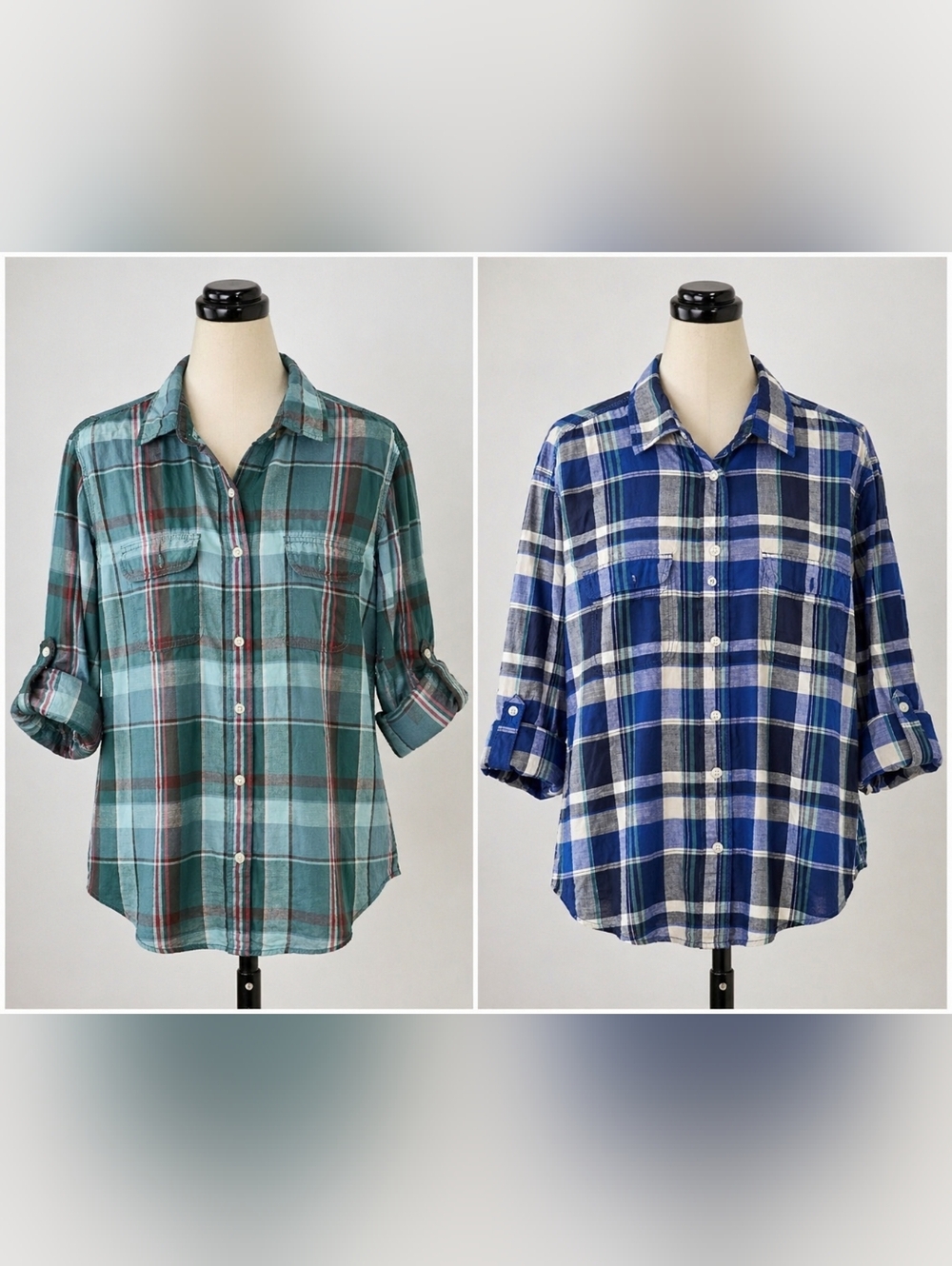 Sonoma XL Plaid Shirts Lot 2 Roll Tab Sleeve Cotton Casual